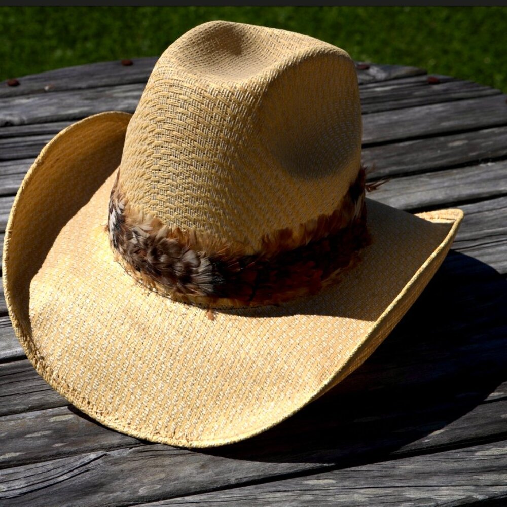Cool Feathered Band Straw Cowboy Hat - Vintage Small